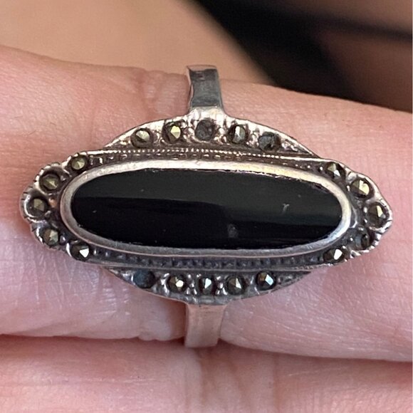 Ring Size 9 Black Tourmaline Marcasite Sterling Silver 925 Women Semi-Precious S - Picture 1 of 9
